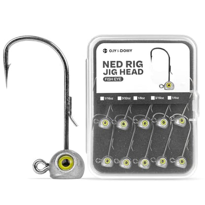 15-Pack Fish Eye Ned Rig Jig Heads with Welded Wire Bait Keeper – 1/16 3/32 1/8 3/16 1/4oz with 2/0 3/0 Hooks, Chartreuse Eyes, Secure Finesse TRD Hookup for Bass Fishing - size: 3/32oz - 15Pack