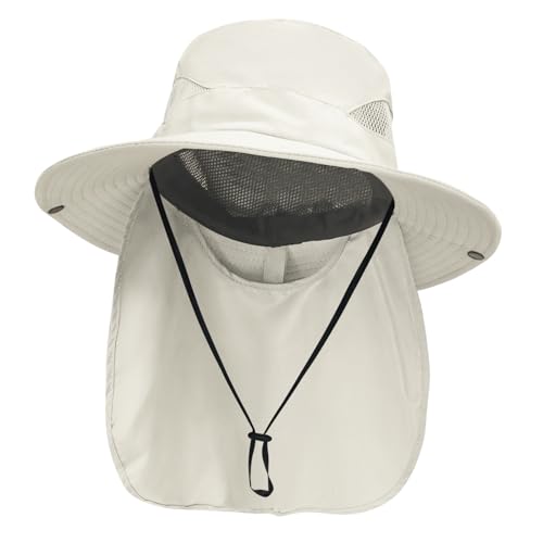 NPJY Sun Fishing Hats with Neck Flap for Men Women UV Sun Protection Safari Hat Wide Brim Bucket Hat - color: Pure Beige(with Neck Flap)