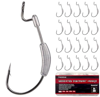 20Pcs Weighted Bass Fishing Hooks Set, Customized Swimbait Hooks Wide Gap Weedless Worm Fish Hook with Molded Bait Keeper 1/0 2/0 3/0 4/0 - size: 1/4oz-4/0