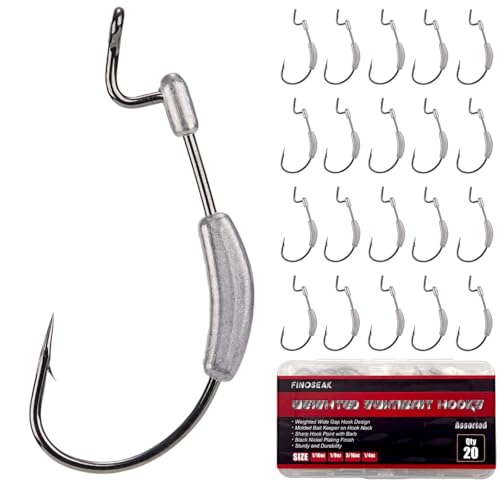 20Pcs Weighted Bass Fishing Hooks Set, Customized Swimbait Hooks Wide Gap Weedless Worm Fish Hook with Molded Bait Keeper 1/0 2/0 3/0 4/0 - size: 1/8oz-2/0