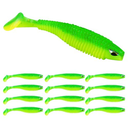 3D Eyes Paddle Ribbed Bait, 2.5in 3in 4.1in Soft Plastic Paddle Tail Swimbaits Fishing Lures for Bass Fishing Freshwater Saltwater 12/20/25 PCS - color: Green, size: 4.1in(10.5cm)-12PCS