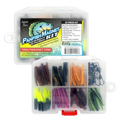 Trout Magnet 82 Piece Panfish Magnet Kit, with A Longer Shad Dart Hook, Includes 70 Split Tail Grub Bodies, 12 Black Size 8 Mustad Hooks, Catches All Types of Fish