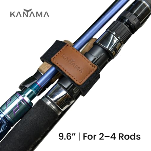 KANAMA Premium Cowhide Leather Fishing Rod Straps, 4 Pcs Hook & Loop Rod Wraps, Rod Belts & Tackle Ties, Stretchy Elastic Rod Ties, Fits Casting, Spinning & Fly Rods