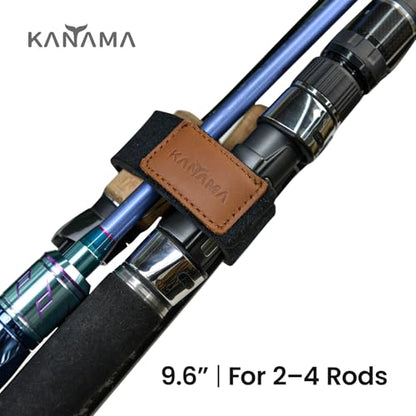 KANAMA Premium Cowhide Leather Fishing Rod Straps, 4 Pcs Hook & Loop Rod Wraps, Rod Belts & Tackle Ties, Stretchy Elastic Rod Ties, Fits Casting, Spinning & Fly Rods