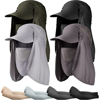 4 Set Sun Hat Fishing Hats UPF 50+ Outdoor Hiking Hat UV Sun Protection Hat with Neck Flap Face Mask and 4 Pack Arm Sleeves - color: Black, Dark Gray, Light Gray, Army Green, size: One Size