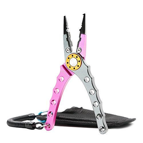 SANLIKE Aluminum Fishing Pliers Hook Remover Tungsten Carbide Braid Cutters | Tungsten Carbide Cutters Saltwater Resistant with Coiled Lanyard & Sheath - color: Pink
