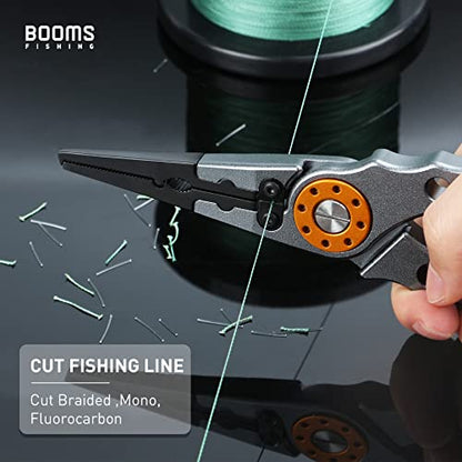 Booms Fishing X1 Aluminum Fishing Pliers Saltwater, Surf Fishing Tackle Kit, Fishing Multitool Hook Remover Braided Fishing Line Cutting and Split Ring with Coiled Lanyard and Sheath - color: Gun Metal
