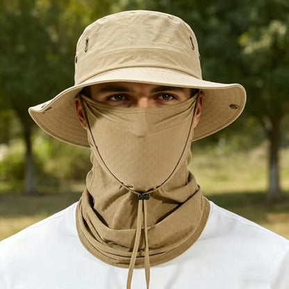 Fishing Hat with Summer Breathable Neck Gaiter, Wide Brim Sun Hat for Men & Women, Outdoor UV Sun Protection Hat & Face Mask - color: Khaki