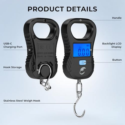 Calamus Lightweight Fish Scale – Rechargeable Digital Scale with USB Cable, 55lb Capacity, Multi-Units Pound/Ounces & Kilograms, High Accuracy, Backlight LCD Display, Fishing Gifts for Men - color: Black