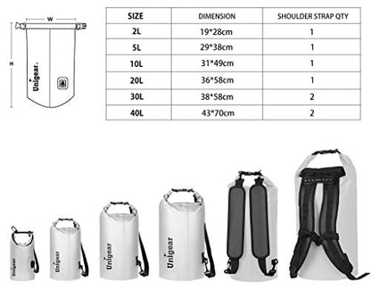Unigear Dry Bag Waterproof, 2L/5L/10L/20L/30L/40L Floating and Lightweight Bags for Kayaking, Boating, Fishing, Swimming and Camping with Waterproof Phone Case - color: White, size: 5L