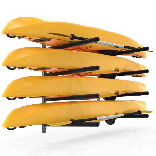 Bonnlo Kayak Storage Rack, Adjustable Heavy Duty Kayak Rack for Kayaks Paddle Boards, Kayak Paddle Holder for Garage, Spacesaver, Gentle on Padding, Boat Organizer - style: 4 Kayaks, Wall Mount