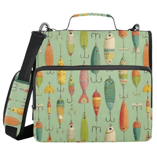 Vintage Fishing Lures 3 Ring Zipper Binder with Strap 1.5 inch 500 Sheet Capacity File Folder Storage Organizer