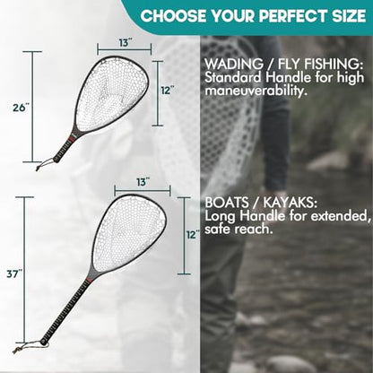 Riverruns Fly Fishing Landing Net Carbon Fiber Trout Net with Measurement Handle, Soft Rubber Mesh - 26" Standard (Wading) / 37" Long (Kayak) - color: 37" Kayak Net (Long) - Black 3K Woven