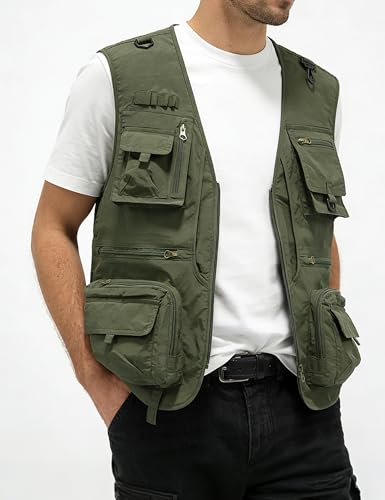Men's Lightweight Mesh Fishing Vest Utility Outdoor Multi-Pocket Hunting Cargo Vest - color: Army Green, size: Large