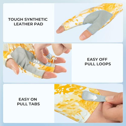 KastKing Agies Fishing Gloves Men, UPF 50+ Sun Gloves UV Protection, Cooling Quick-Dry 3/4 Fingerless Gloves with Extended Cuff, Microfiber Palm & Pull Tabs, for Fishing, Kayaking, Hiking, Hunting - color: X Camo-Mahi, size: Small-Medium