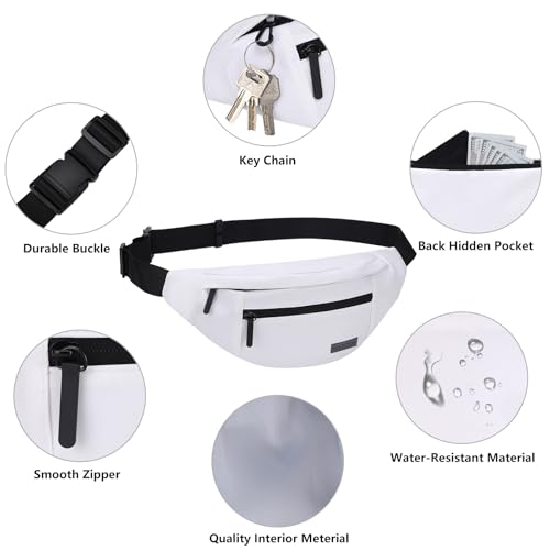 MAXTOP Large Crossbody Bags for Women Fanny Pack with 4-Zipper Pockets Adjustable Straps Travel Essentials for Music Concert Sports Yoga Running Walking Casual Hands-Free Waist Bag Fits All Phones - color: White