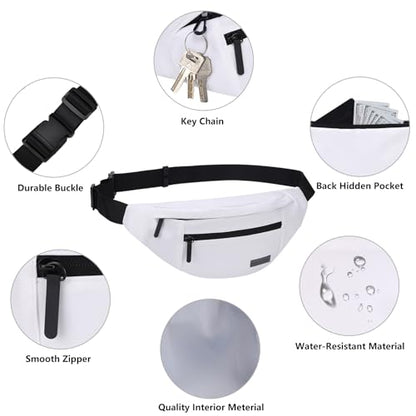MAXTOP Large Crossbody Bags for Women Fanny Pack with 4-Zipper Pockets Adjustable Straps Travel Essentials for Music Concert Sports Yoga Running Walking Casual Hands-Free Waist Bag Fits All Phones - color: White