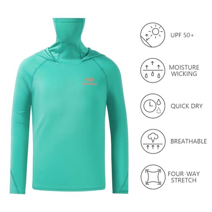 BASSDASH Youth UPF 50+ Hooded Shirts with Mask UV Neck Gaiter Sun Protection Long Sleeve T Shirt for Fishing Swim - color: Aqua Green, size: X-Large