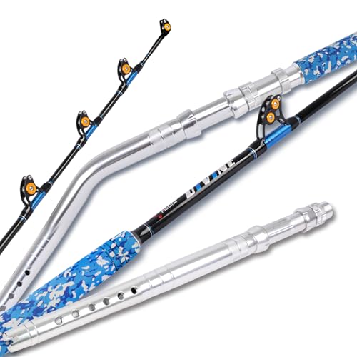 Fiblink Fishing Trolling Rod 1 Piece/2 Piece Saltwater Offshore Heavy Roller Rod Big Game Conventional Boat Camo Fishing Pole (6'/6'6",30-50lb/50-80lb/80-120lb) - style: 6' 80-120lbs 2pc-bent & Straight