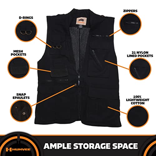 Humvee Safari Photography Vest for Men, Women, Unisex - Vest for Hunting, Fishing, Camping, Travel, Hiking, Outdoor - 100% Cotton, Black, Small