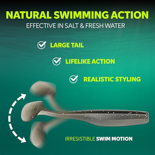 Soft Plastic Paddle Tail Swimbaits – 3 1/4", 4" & 5" Soft Plastic Fishing Lures with Extra-Large Tail for Lifelike Swimming Action – Freshwater & Saltwater - color: Smoke, size: 4 Inch - 12 Pack