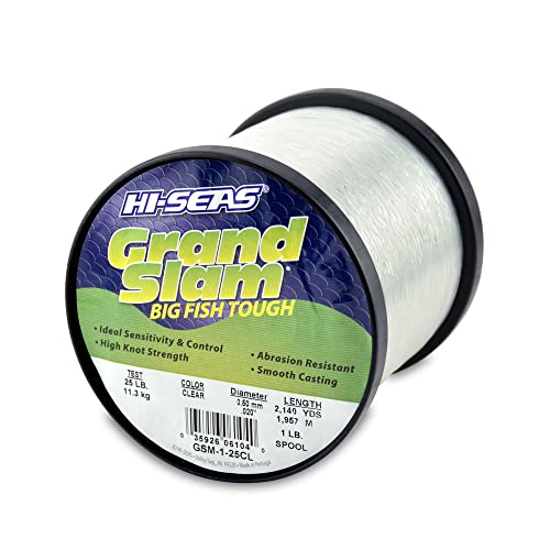 HI-SEAS Grand Slam Monofilament Fishing Line - Strong & Abrasion Resistant in Clear, Pink, Green, Smoke Blue, Fluorescent Yellow Freshwater & Saltwater - 1 lb Spool - color: Clear, style: 25 Lb Test, 0.50 Mm Dia, 2140 Yd