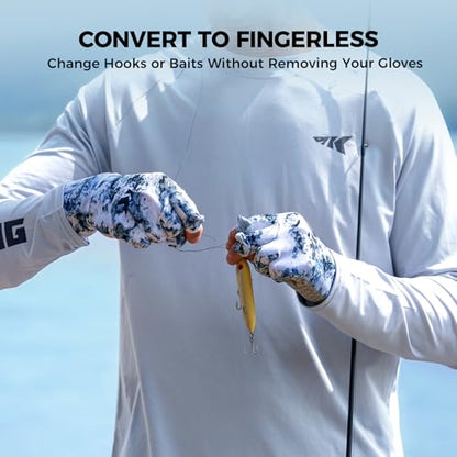 KastKing La Sal Pro Full Finger Fishing Gloves, UPF 50+ Sun Protection Gloves with Convertible Design, Ultralight Microfiber, Ultra-Soft Comfort, FrostWeave Cooling, Enhanced Grip, Four Sizes Options - color: Boulder Camo Ice, size: XX-Large