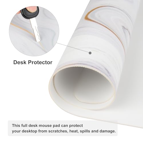 QIYI White Mouse Pad, Cute Marble Large Desk Mat, PU Leather Desk Protector Mousepad, Gold Grey Striped Waterproof Computer Keyboard Gaming Mouse Pads, Non Slip Extended Writing Pad 31.5" x 15.7" - color: Luxury Marble Ink, size: 31.5" x 15.7"