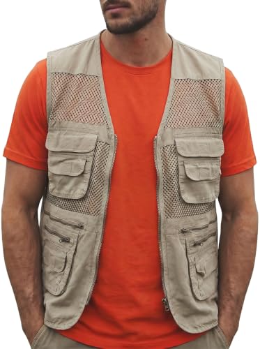 Men's Fishing Vest Multi-Pockets Unisex Mesh Utility Summer Vest for Hiking, Travel, Safari Waistcoat Jacket - color: Beige, size: Large