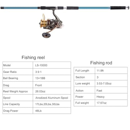 Dr.Fish Surf Fishing Rod and Reel Combos Saltwater Fishing Gear Set 12ft Surf Rod 10000 Reel Offshore Inshore Casting Pole Beach Casting Spinning Pole Kit Equipment Set Striper Pompano Flounder - color: Blue Fishing Rod