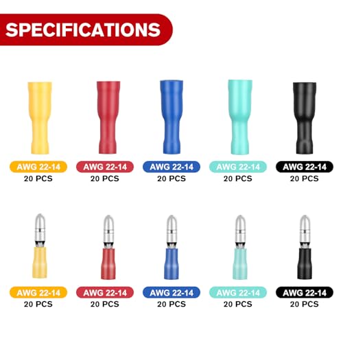 Nilight 200PCS Bullet Terminals Wire Connectors AWG 22-14 Female & Male Butt Insulated Waterproof Electrical Connector Kit for Automotive Marine Electrical Wiring - color: 200PCS Bullet Terminals