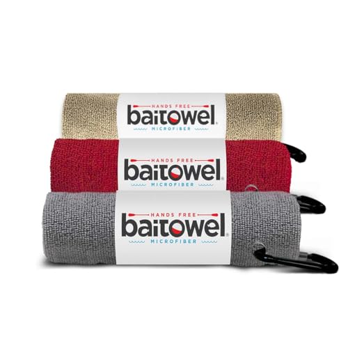 Bait Towel 3 Pack Fishing Towels with Clip, Plush Microfiber nap Fabric, 16x16, The Original Bait Towel Value 3 Pack - color: Sand-red-silver
