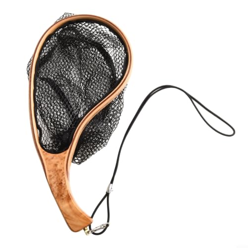 Fly Fishing Net Wooden Frame Landing Catch Release Net Ergonomic Handle Hexagonal Mesh Fish Friendly Design for Stream River Fly Fishing Outdoor Sports Equipment Natural Wood Finish