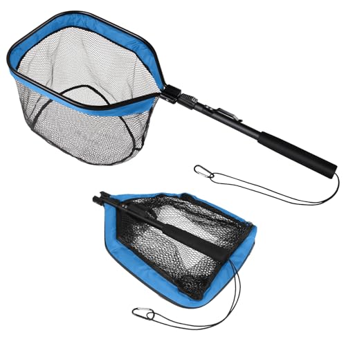 Yeahmart Floating Fishing Net Foldable Landing Net with Pole Handle, Blue | Portable Fishing Gear with Rubber Coated Mesh & Aluminum Handle for Kayak, Fly, Trout, Steelhead, Salmon, Bass Fishing - size: 31.5" Total Length (Fixed Handle)