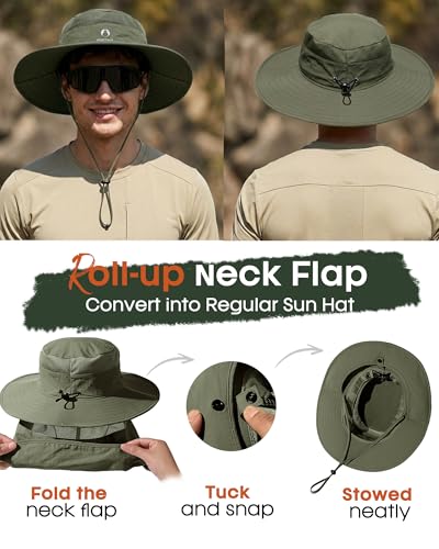 FURTALK Sun Hats for Men Women Fishing Hat with Neck Flap UPF 80+ Breathable Wide Brim Hiking Safari Summer Bucket Hats - color: Green