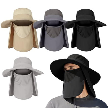 4 Pack Sun Hats for Men Women UPF 50+ Wide Brim Fishing Bucket Hat Summer Outdoor UV Protection Adjustable Neck Flap - color: Light Gray, Gray, Black, Khaki