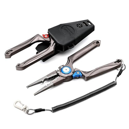SAMSFX Fishing Pliers, Muti-Function Fly Fishing Tools, 8" Saltwater Resistant Gear Hook Remover Split Ring Tungsten Cutters, with Lanyard & Sheath - color: Red Fishing Pliers with Quick Knot Tool