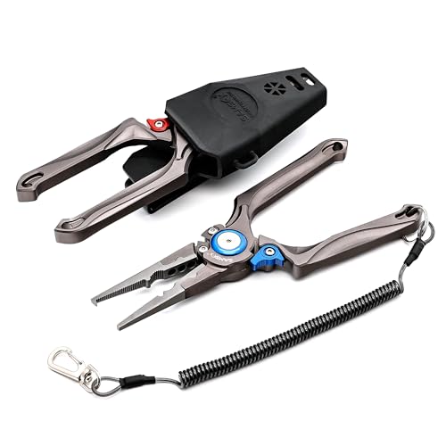 SAMSFX Fishing Pliers, Muti-Function Fly Fishing Tools, 8" Saltwater Resistant Gear Hook Remover Split Ring Tungsten Cutters, with Lanyard & Sheath - color: Red Fishing Pliers with Dehooker