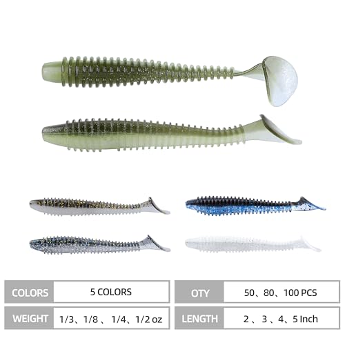 Paddle Tail Swimbaits 100/80/50PCS, 5/4/3/2 inch Soft Fishing Lures Bulk Pack – Durable Lifelike Action Lures for Bass, Trout, Crappie – Freshwater & Saltwater Fishing Gifts - color: Light Green, size: 2in, 100pcs
