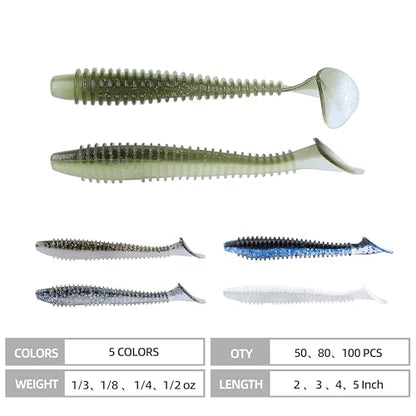 Paddle Tail Swimbaits 100/80/50PCS, 5/4/3/2 inch Soft Fishing Lures Bulk Pack – Durable Lifelike Action Lures for Bass, Trout, Crappie – Freshwater & Saltwater Fishing Gifts - color: Light Green, size: 4in, 80pcs