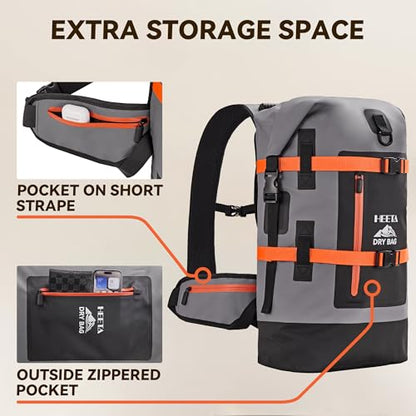 HEETA Dry Bags Waterproof Backpack 40L for Men & Women, Roll Top Heavy Duty Cushioned Hiking Backpack for Kayaking Boating Paddle Boarding Fishing Travel Camping Beach Vacation Cruise Ship Essentials - color: Grey