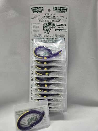 Kelly's Striper 12 Pack Anise Scented 3 Hook Pre-Rigged Worms, Plastic, 5.5 Inches, 8 Colors, Made in USA - color: Purple/Yellow