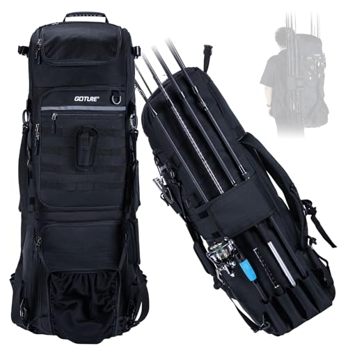 Goture 61L Large Fishing Backpack Tackle Bag, 3-Layer Organizer with Insulated Cooler Compartment & Expandable Mesh Pocket, Waterproof 600D Tactical Tackle Bag for Outdoor Anglers - color: A1:116L Black (Without Tackle Box)