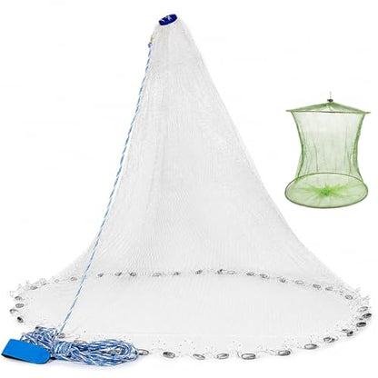 Yeahmart American Saltwater Fishing Cast Net for Bait Trap Fish 3ft/4ft/5ft/6ft/7ft/8ft/9ft/10ft Radius Casting Nets with Heavy Duty Real Zinc Sinker Weights, 3/8inch Mesh Size - style: 9ft Radius