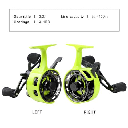 Ice Fishing Reels 3.2:1 Gear Ratio Ultra Smooth 3+1Ball Bearings Strength CNC-machined Aluminum Inline Ice Fishing Reel with Left/Right Hand Retrieve - color: Green-Left Hand Retreive