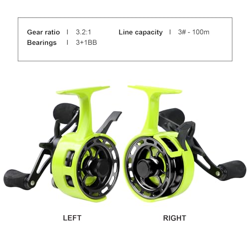 Ice Fishing Reels 3.2:1 Gear Ratio Ultra Smooth 3+1Ball Bearings Strength CNC-machined Aluminum Inline Ice Fishing Reel with Left/Right Hand Retrieve - color: Green-Right Hand Retreive