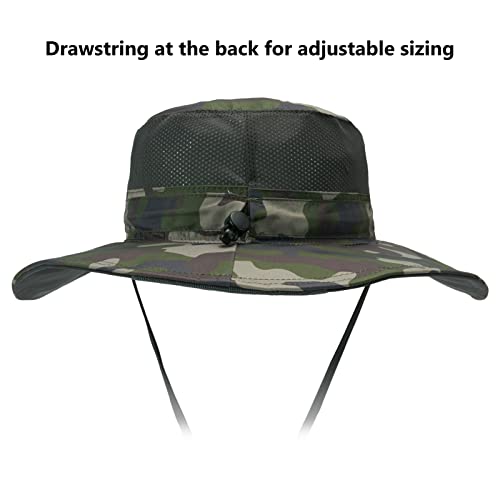 BASSDASH UPF 50+ Sun Fishing Hat Water Resistant with Detachable Neck Flap - color: Army Green Camo - Big Head Size