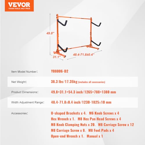 VEVOR Kayak Storage Rack, Heavy Duty Adjustable Freestanding Stand with Lockable Wheels for Indoor Outdoor Garage Shed Dock, Holder for Canoe, SUP, Surfboard & Paddleboard - style: Freestanding-2 Kayaks-orange