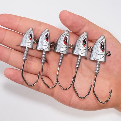 Saltwater Jig Heads 10 Pack, 3D Red Eyes with Bait Keeper & Belly Trailer Hole, 3/4oz to 1-3/4oz, 6/0 & 8/0 Hooks for Inshore Offshore Saltwater Fishing - size: 1-3/4oz - 10Pcs