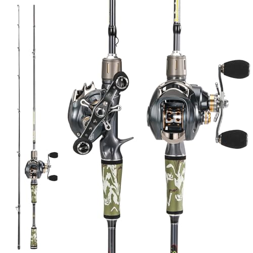 Sougayilang Baitcaster Combo for Freshwater and Inshore, 2 Piece 30Ton+24Ton Graphite Fishing Rod with SuperPolymer Handle, 7.0:1 Gear Ratio Baitcasting Reel, 11+1 Bearings, S Style Hook Keeper - color: Right hand-6'0''-Medium